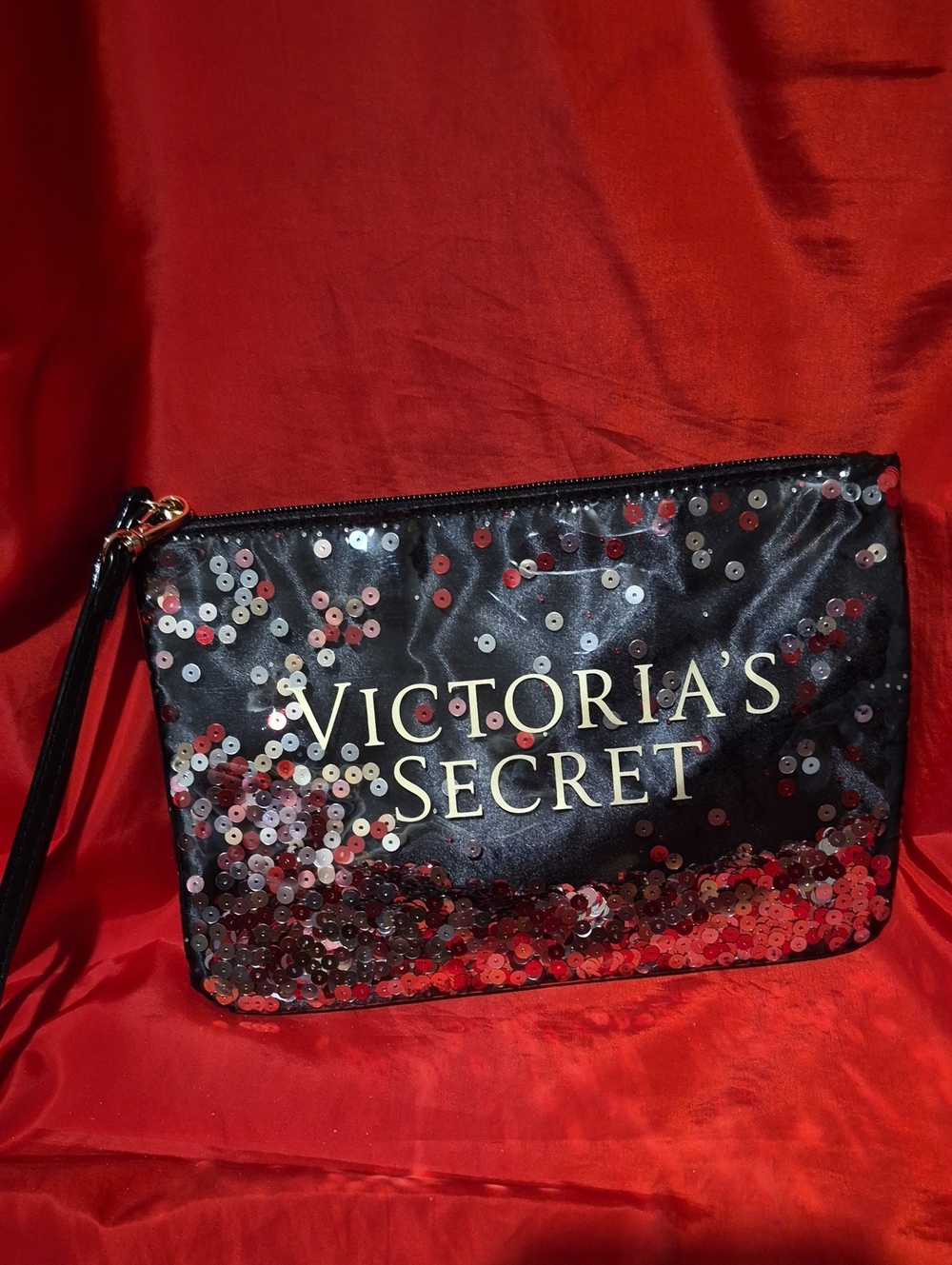 Victoria's Secret Black Sequin Wristlet with Gold Logo